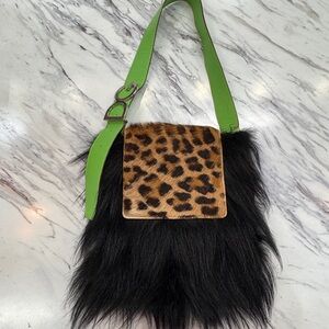 Vintage Dolce & Gabbana Black Fur Crossbody with Leopard Flap and Green Strap